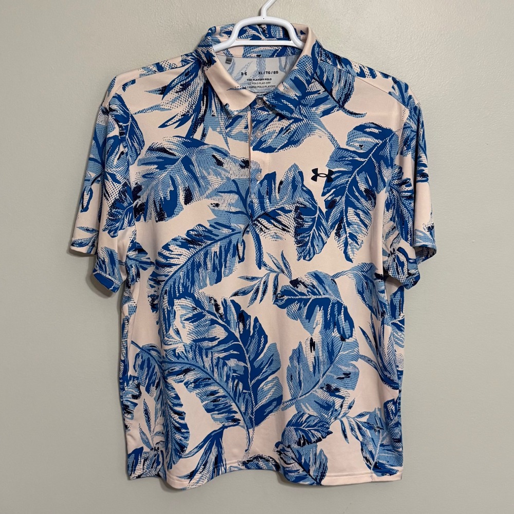 Under Armour Mens XL Blue Pink Tropical Palm Leaf Floral Playoff Polo Shirt Golf - Picture 2 of 6